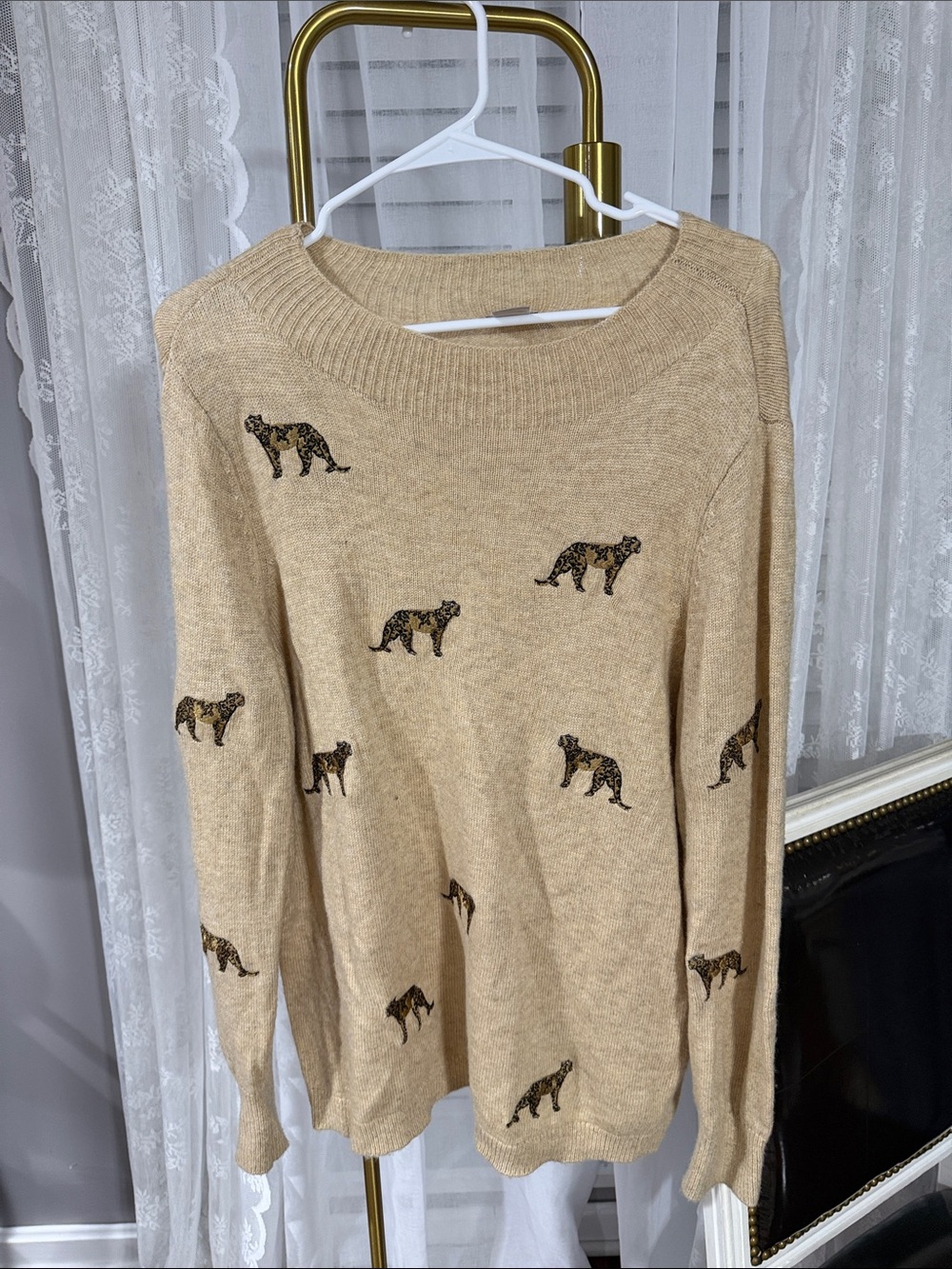 Chico's Beige Leopard-Embroidered Crewneck Sweater